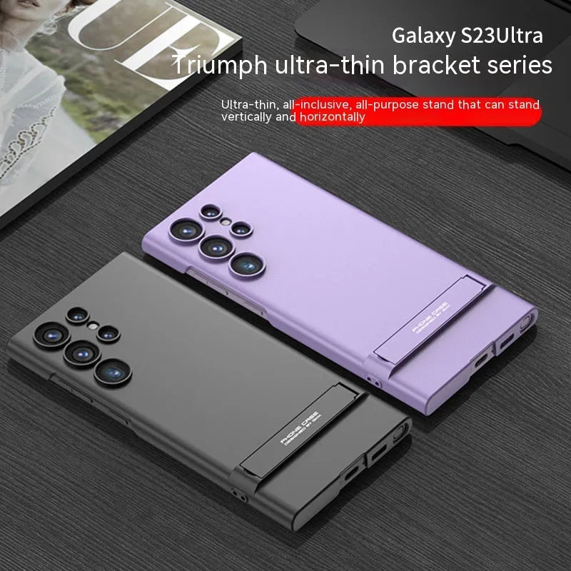 Ultra-thin frosted PC Samsung S23 phone case with fold-out bracket in Cool Black