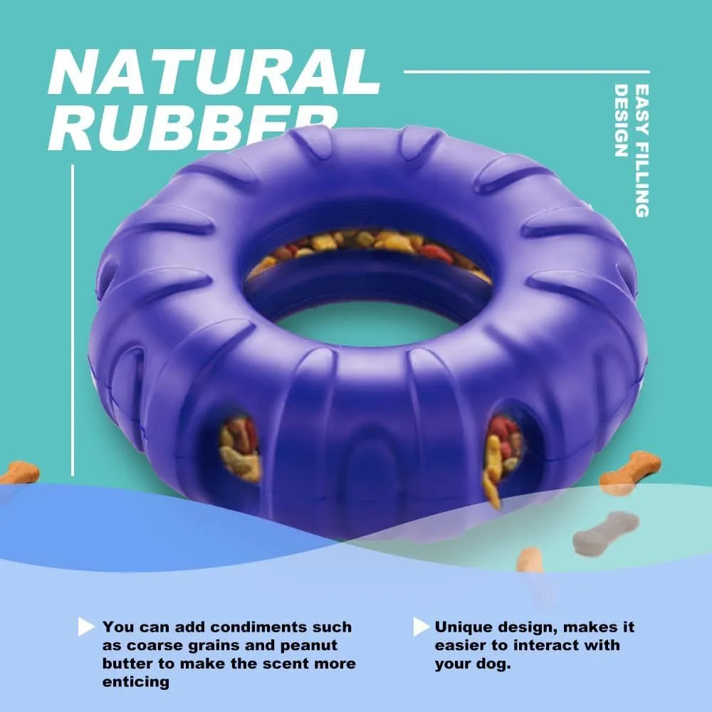 Blue tire-shaped dog chew toy with six oval openings for treat dispensing