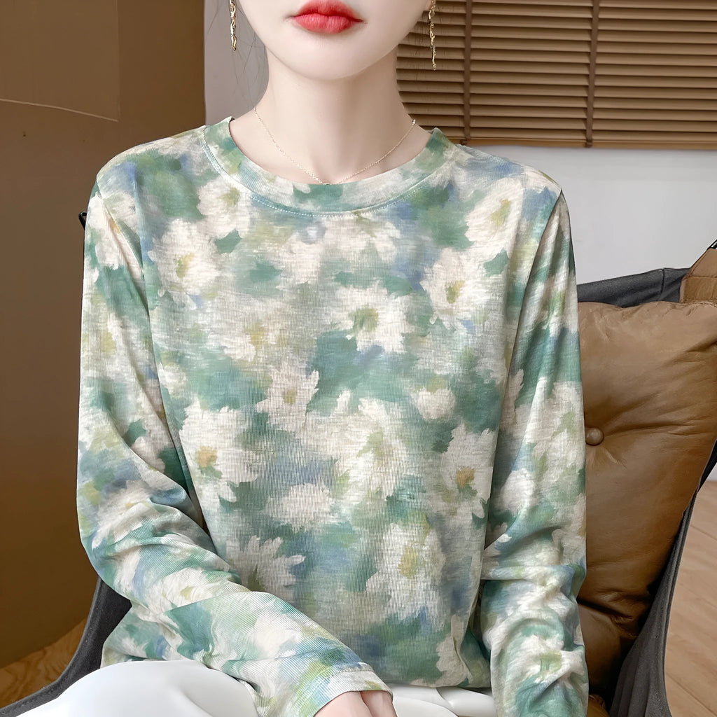 Women's round neck Tencel cotton pullover with floral printed design in various colour options