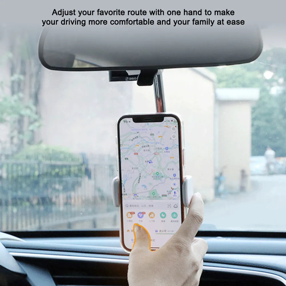 Black car dashboard mobile phone holder showing 360-degree rotation mechanism and foam padding
