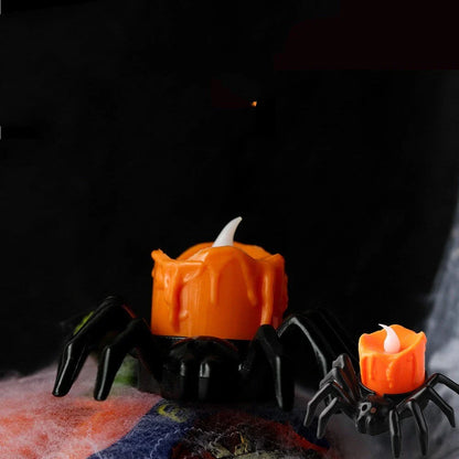 Spooky spider-themed candle holders with flickering flame effect for Halloween decor