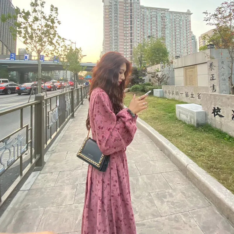 Red floral sweet cover long dress with elastic high waist and 3/4 princess sleeves
