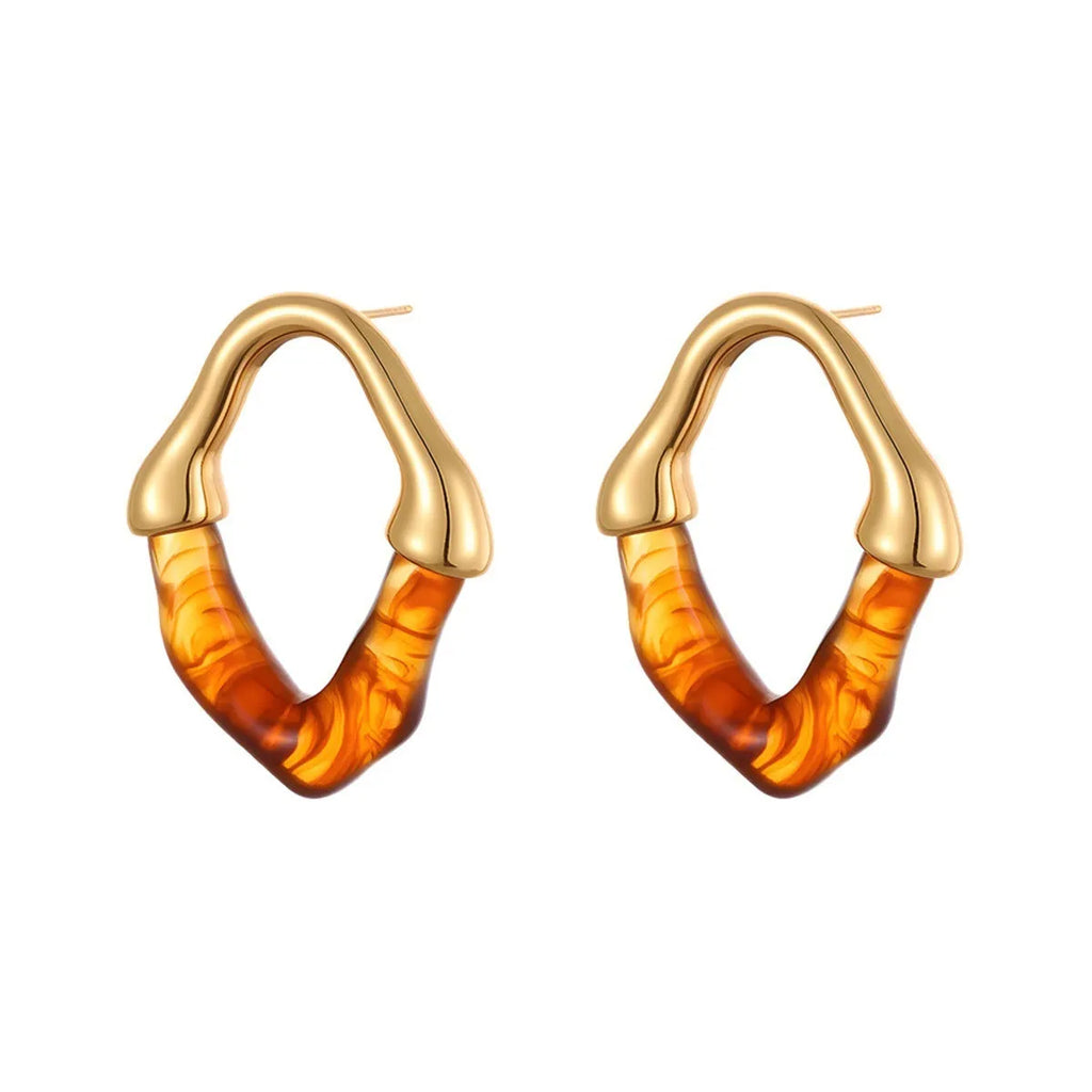 Women's stainless steel drop earrings with colour resin stitching and 18K electroplated finish in pink option