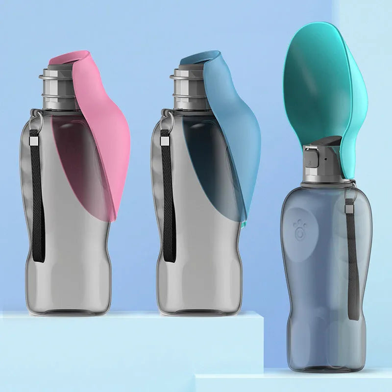 Blue grey portable dog water bottle with foldable drinking bowl showing 800ml capacity