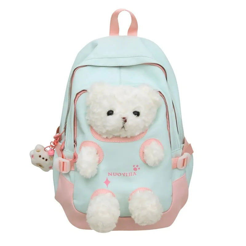 Yellow pink nylon backpack with bear design and curved shoulder straps, 20-35L capacity.