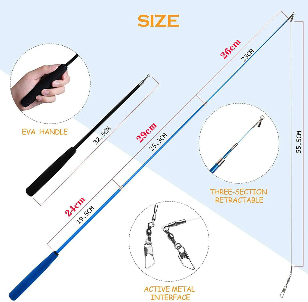 Cat teaser pole set showing two three-section fishing rods with feather attachments