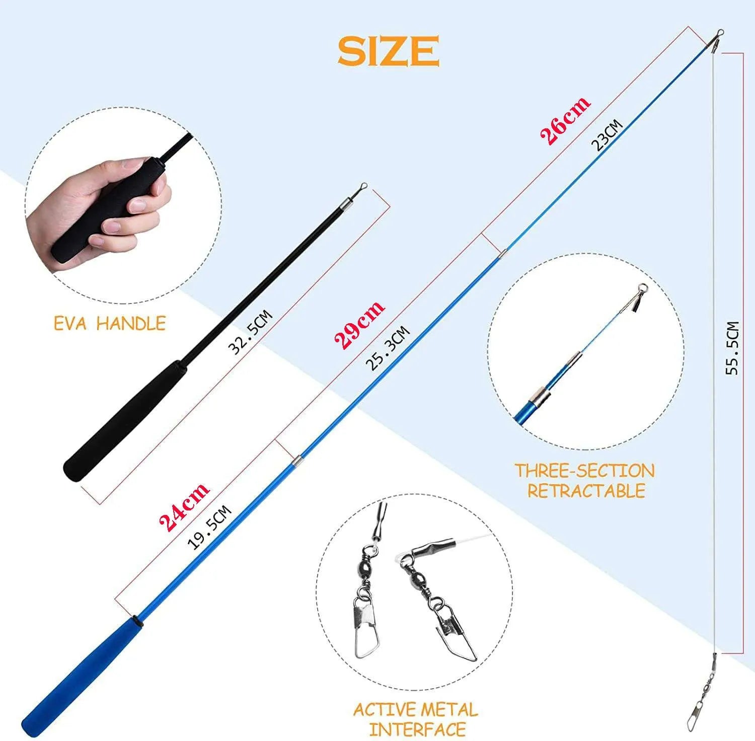 Cat teaser pole set showing two three-section fishing rods with feather attachments