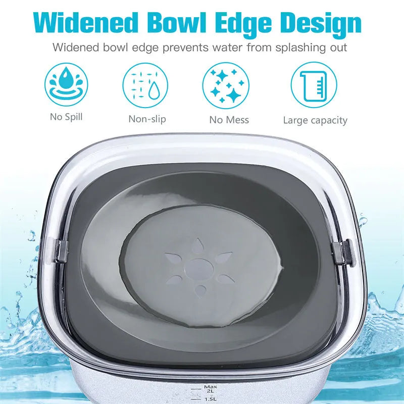 Transparent 2 litre dog water bowl with floating disc showing water level visibility
