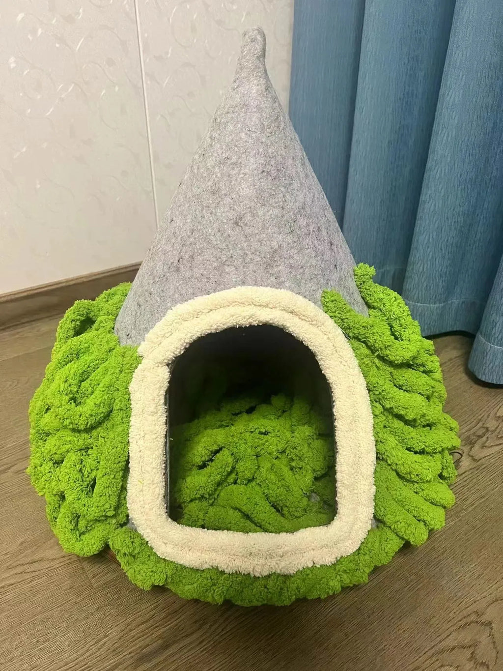 Grey cone-shaped felt cat house with enclosed tent design for indoor cats