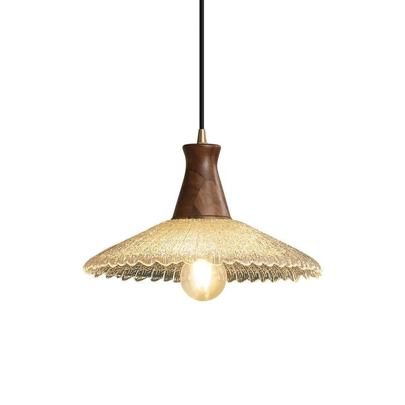 Retro wooden chandelier with brass electroplated finish and glass shade in three size options