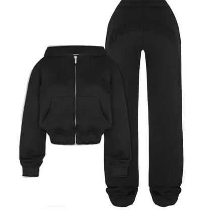 Stylish women's sports suit with zip-up hoodie and drawstring pants in various colors