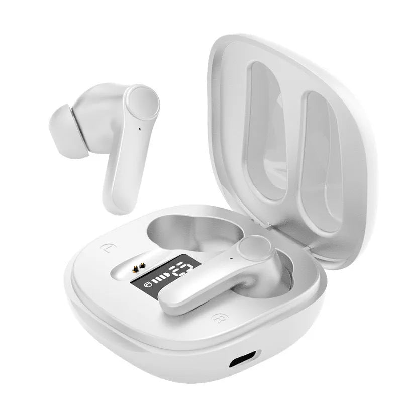 White wireless Bluetooth translation headphones with in-ear design and silicone ear tips on black surface