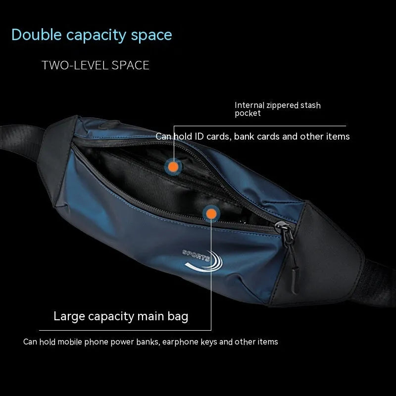 Men's waterproof sports waist bag in black, blue or grey made from 600D Oxford polyester.