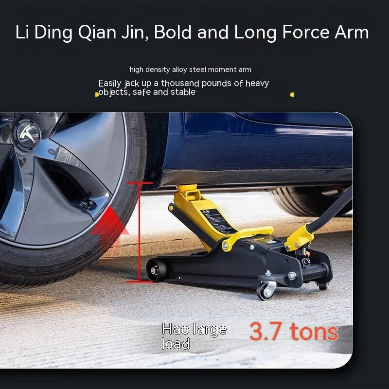 Horizontal hydraulic low car jack with handle for tyre changes on low-clearance vehicles
