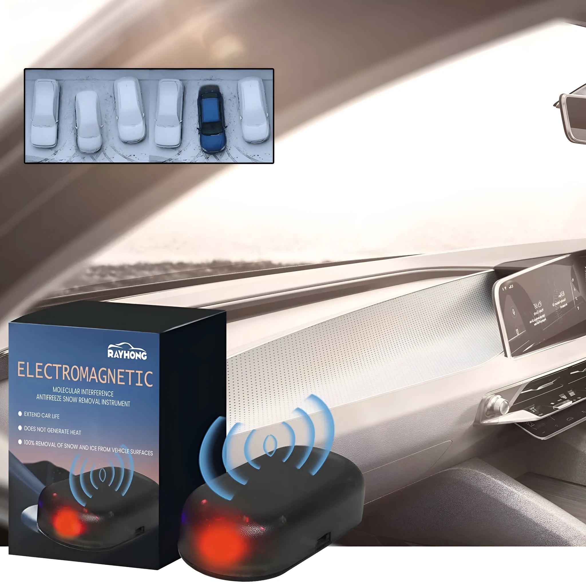 Black car de-icer tool for windscreen snow removal, showing compact 5cm length with special glass heating element.