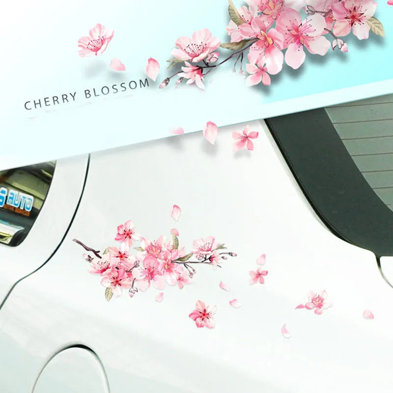 Cherry blossom floral pattern car sticker on vehicle surface showing two size options