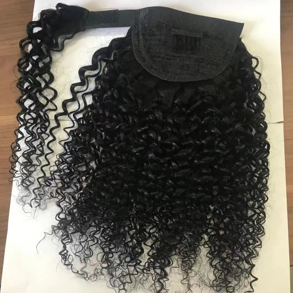Real Human Hair Velcro Ponytail Kinky Curly Natural Colour Ladies Tresses Extension 8-28 Inch Medium Long Hair Machine Weft Detachable Ponytail Piece