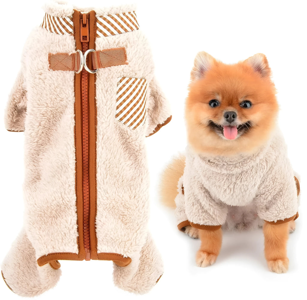 Green plush fleece dog jumpsuit coat with a back zipper on a small dog