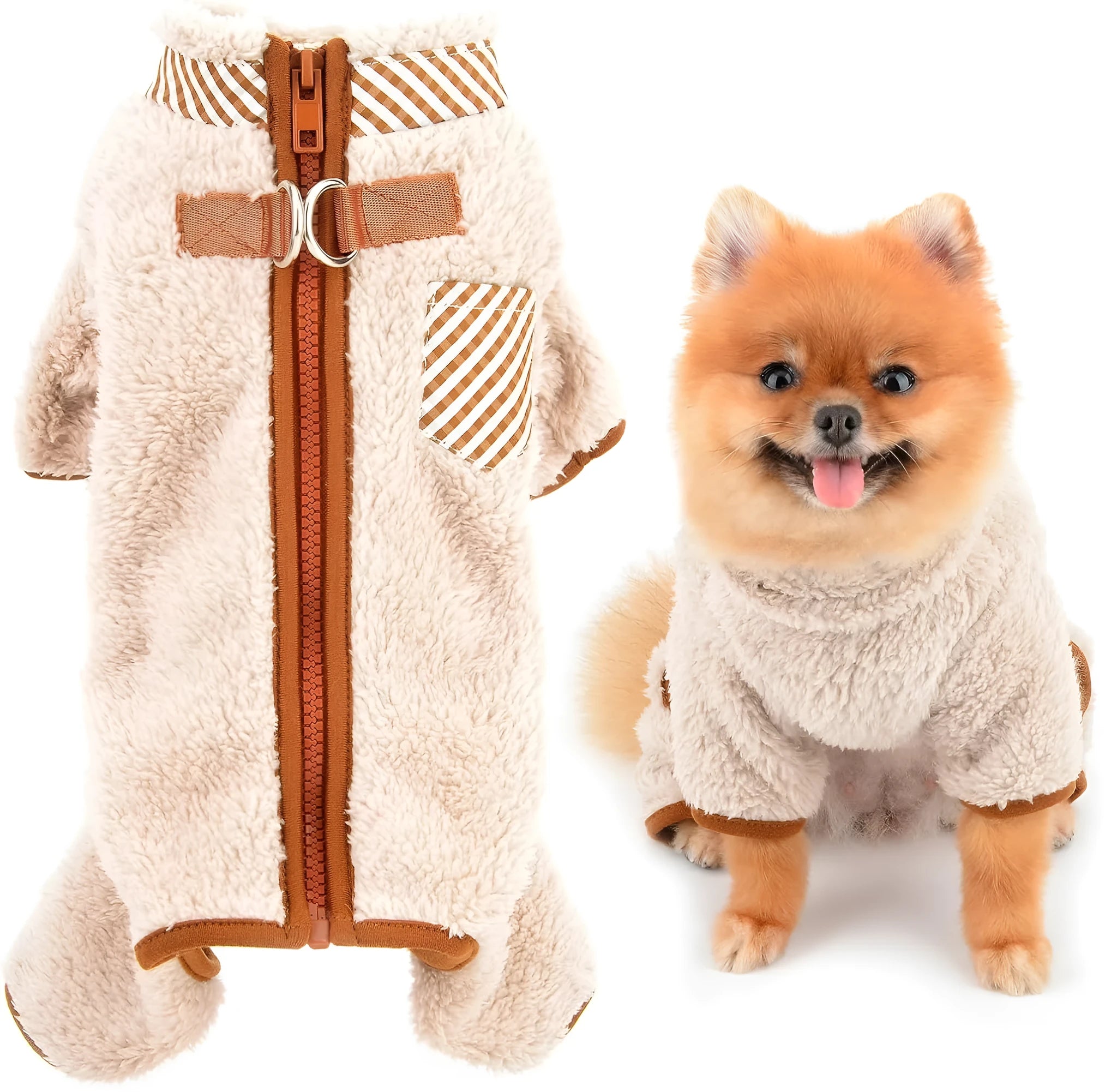 Green plush fleece dog jumpsuit coat with a back zipper on a small dog