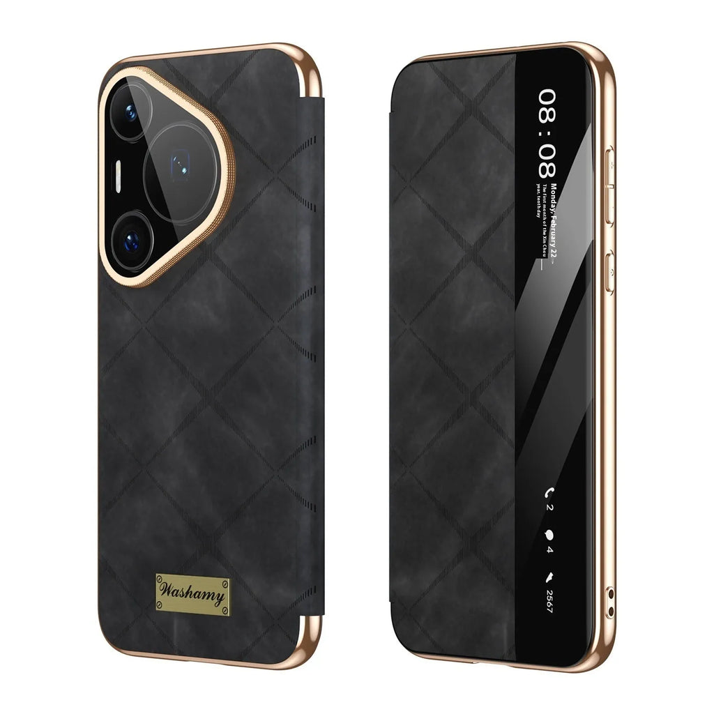 Huawei phone case with electroplated diamond grid pattern on embossed imitation leather.