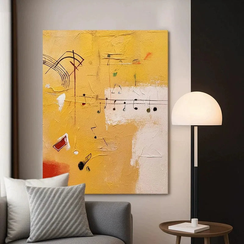 Hand painted musical abstract orange oil painting on canvas, frameless rolled wall art for living room decor