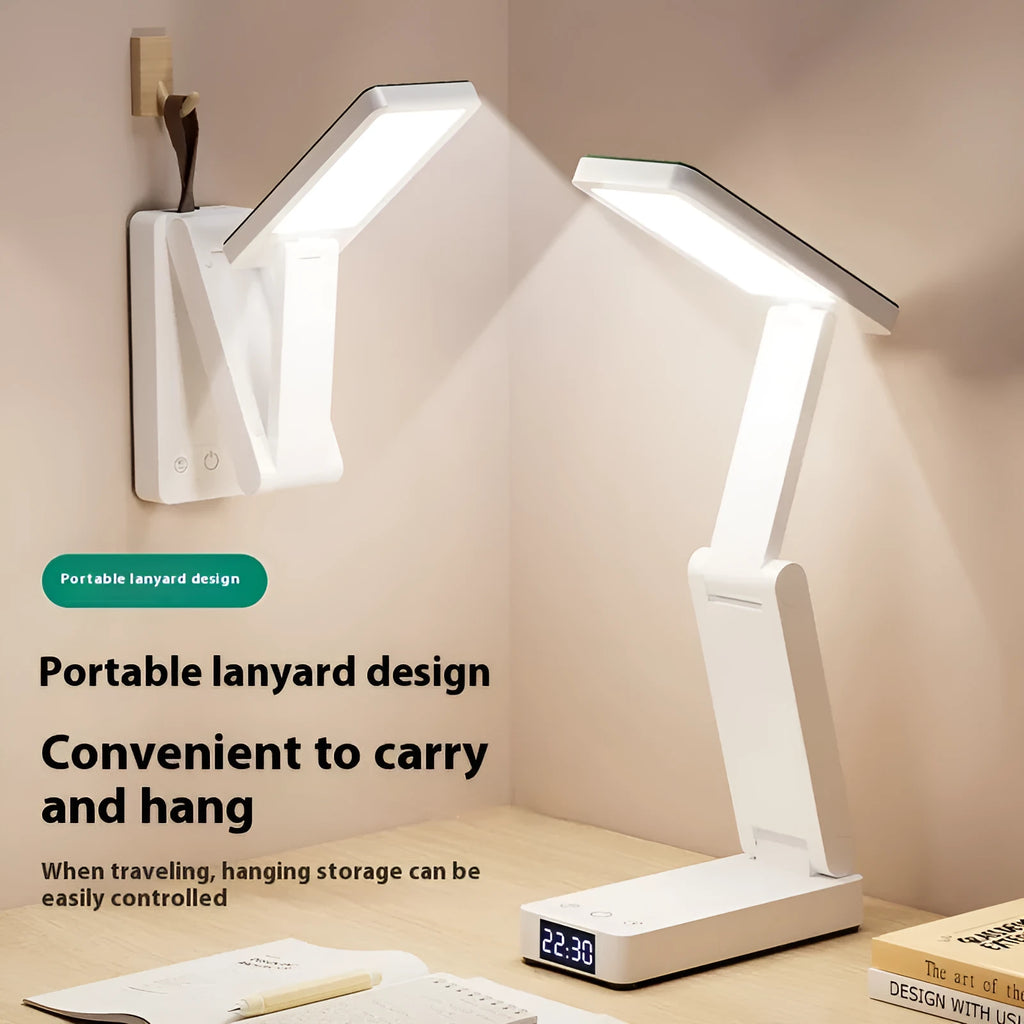 White portable desk lamp with charging cable, lithium battery, small clock, and adjustable colour wire for eye protection during learning