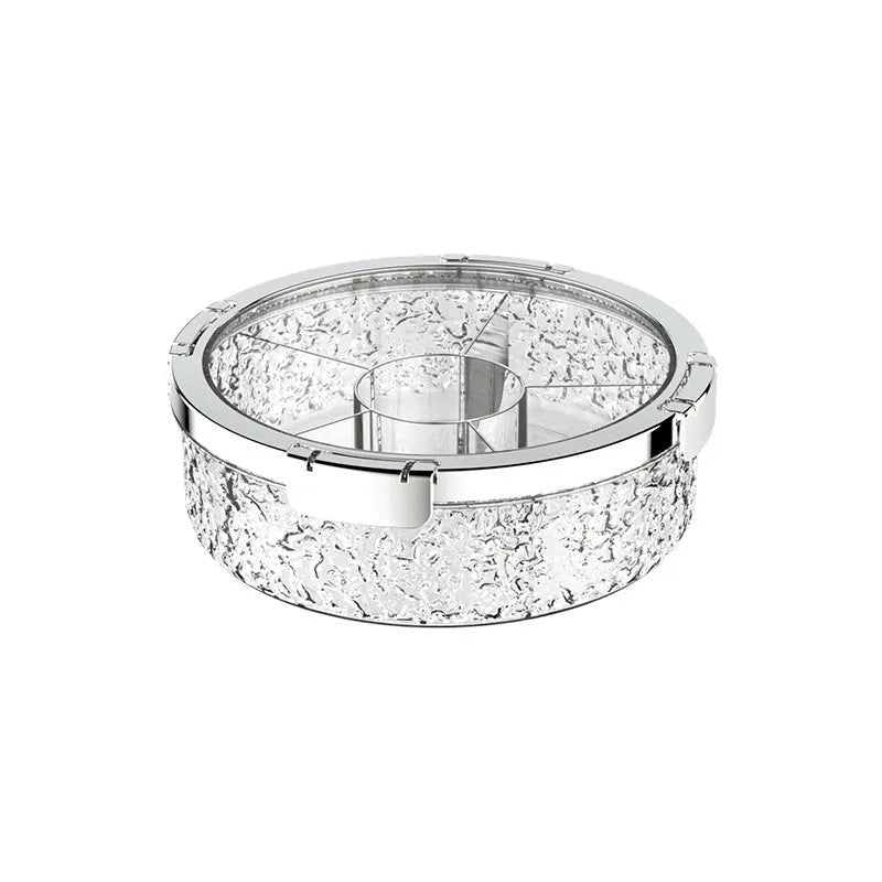 Sealed plastic candy box with lid in milk silver, transparent silver or transparent grey silver, holding dried fruit or sweets.