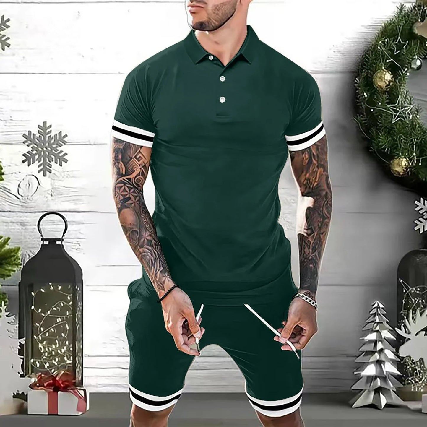 Men's 2-piece casual polo outfit in various colors and sizes, featuring a polo shirt and matching shorts for versatile styling