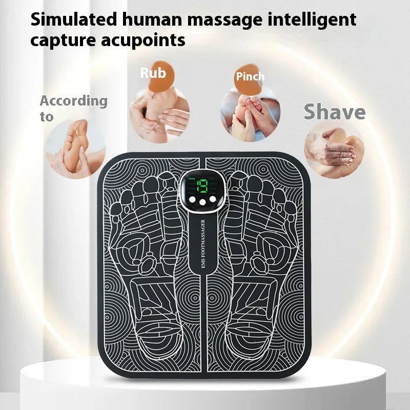 Blue rechargeable reflexology foot massager mat with remote control on a wooden floor
