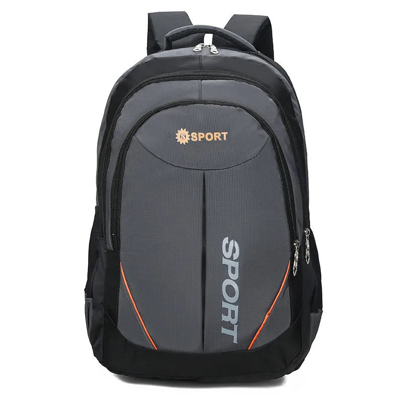 Large capacity nylon backpack in black with curved shoulder straps showing letter pattern design