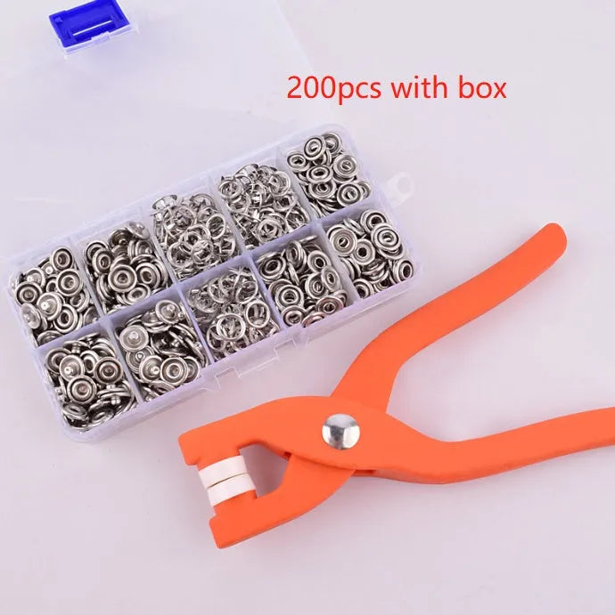 Stainless steel five claw no sew buttons and application pliers for clothing repair on baby and children's garments.