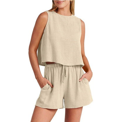 Stylish sleeveless top and drawstring shorts set in multiple vibrant colors