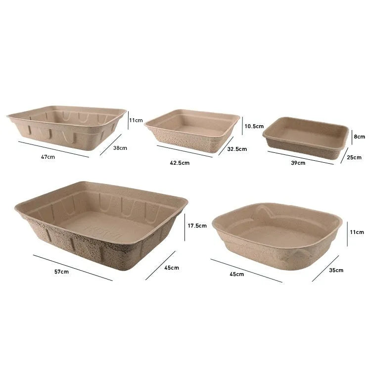 Brown disposable cat litter box showing waterproof biodegradable construction with three size options displayed