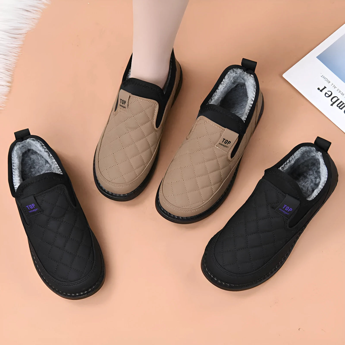 Warm waterproof casual women's shoes in black with flat heel and round toe, artificial PU upper