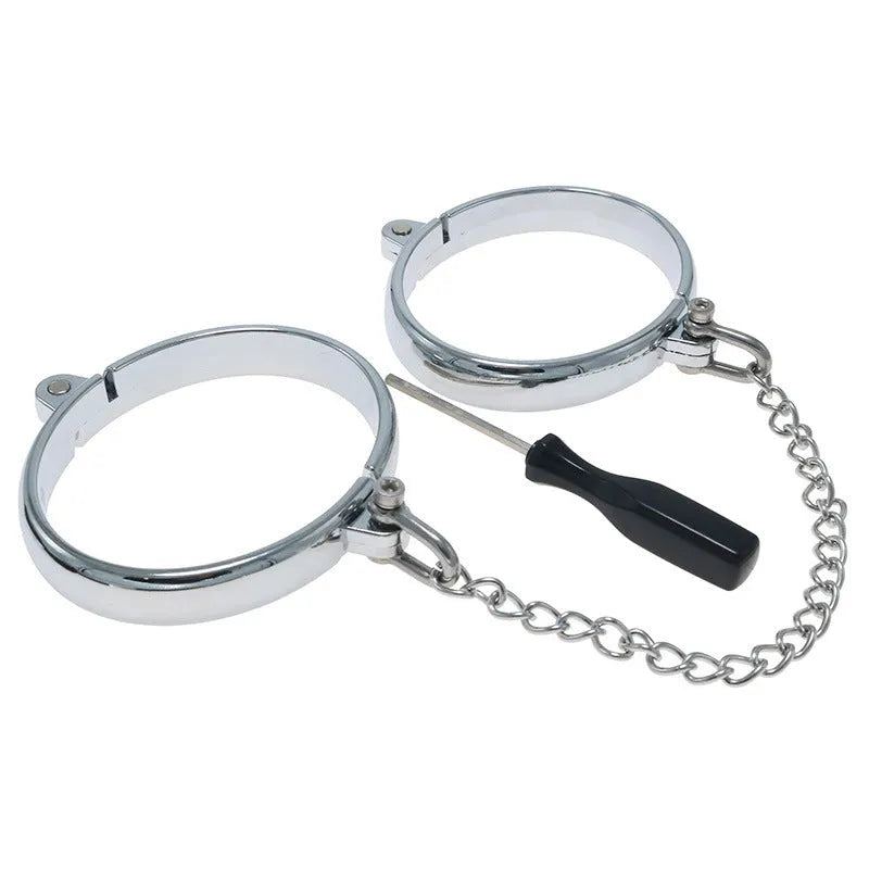 Silver zinc alloy handcuffs and footcuffs set with stainless steel bracelet attachments