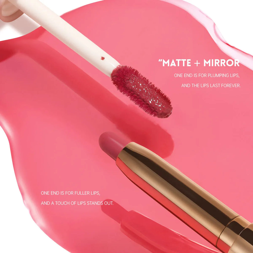 Double-headed lipstick with matte and glossy ends in ten colour options