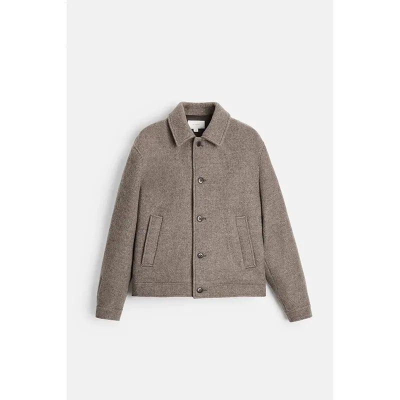 Men's taupe loose wool woven lapel long sleeve casual jacket coat single-breasted front view