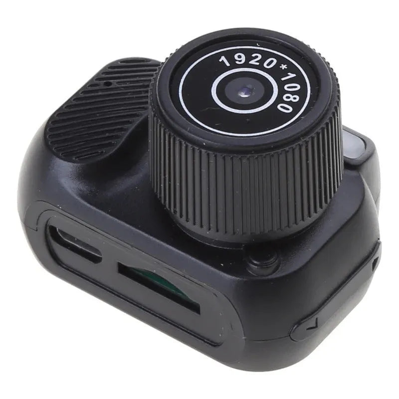 Black retro mini camera with screen displaying 1080p HD video recording capability