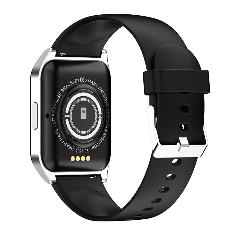 Black or silver smart watch with 1.69-inch screen on a silicone strap, showing heart rate and call functions.