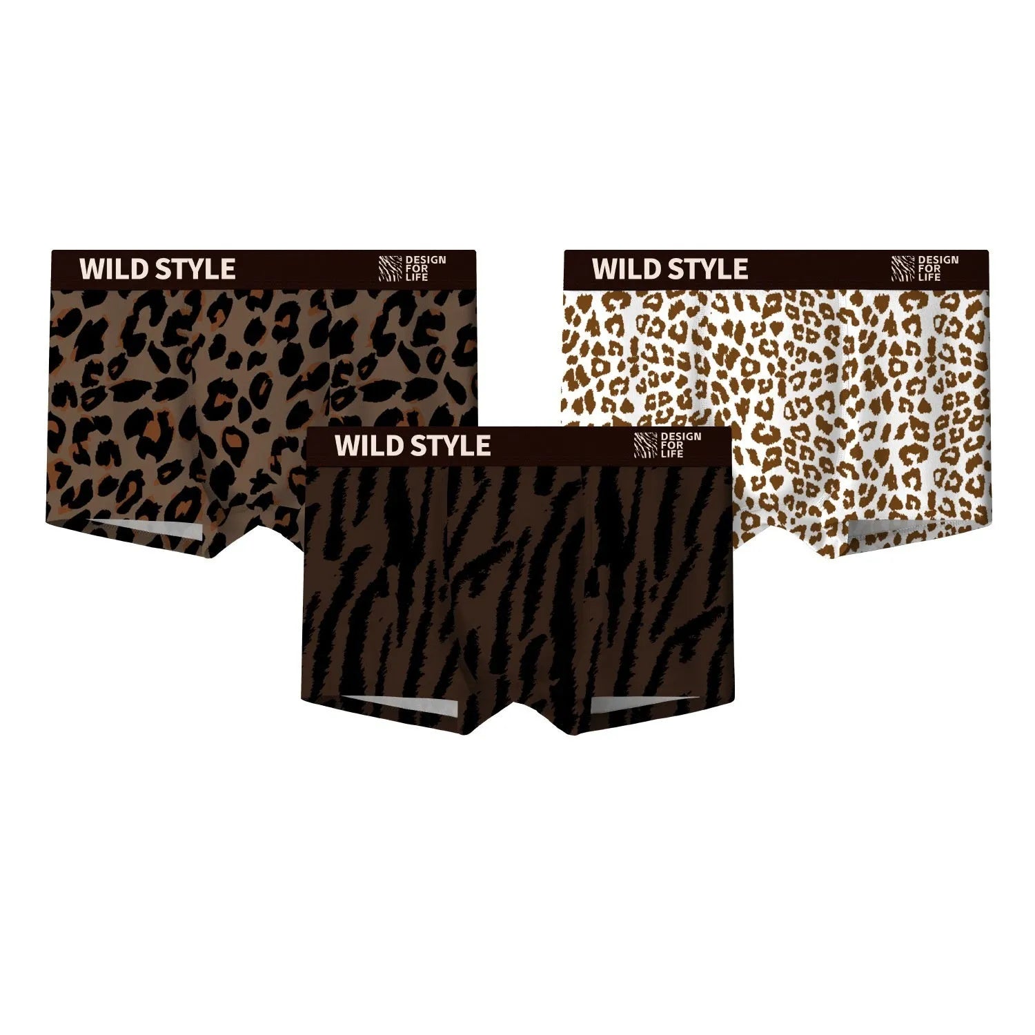 Men's leopard print ice silk underwear pants laid flat, showing mid-waist design and knitted polyester fabric.