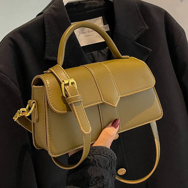Women's beige PU leather messenger bag with sandwich pocket and horizontal square design