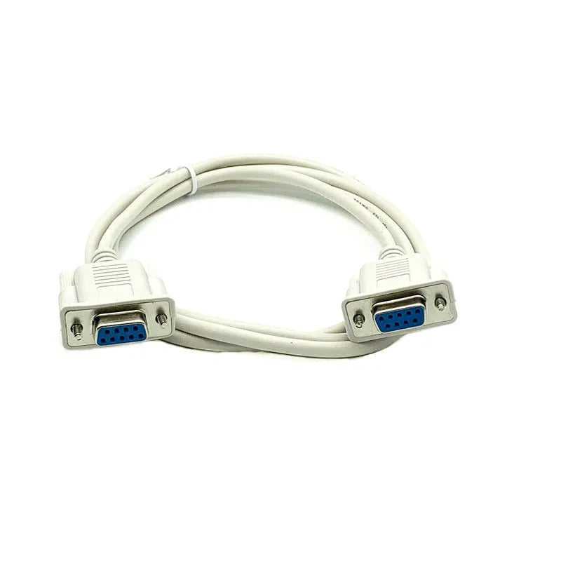 Milky white female-to-female DB9 RS232 serial cable with crossed wiring, 1.5 metres long.