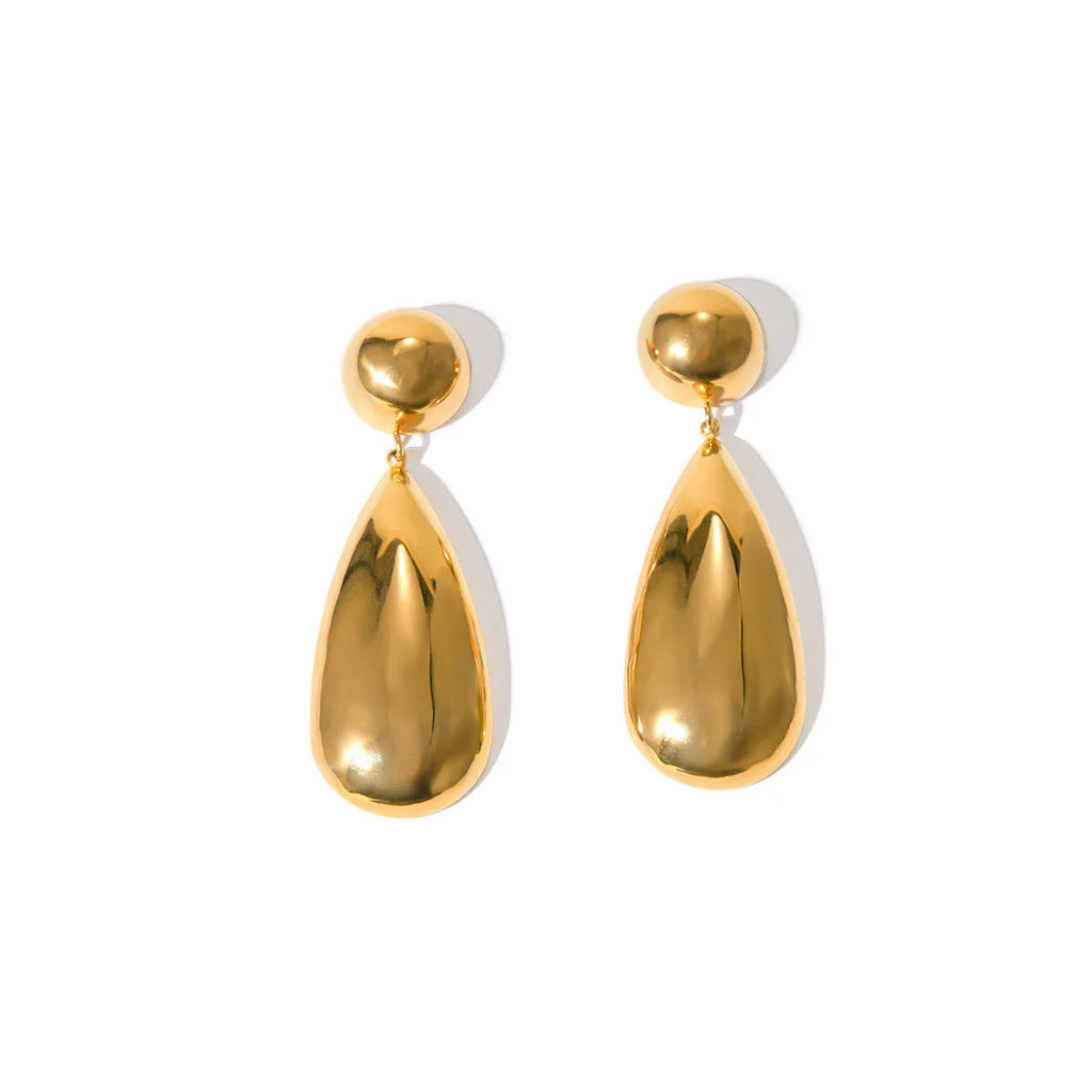 Gold electroplated stainless steel hemisphere earrings with water drop pendant design for women