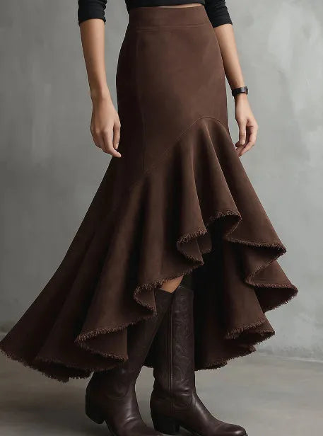 Western brown women's maxi skirt with high-low hem and ruffle trim on eco suede polyester fabric.