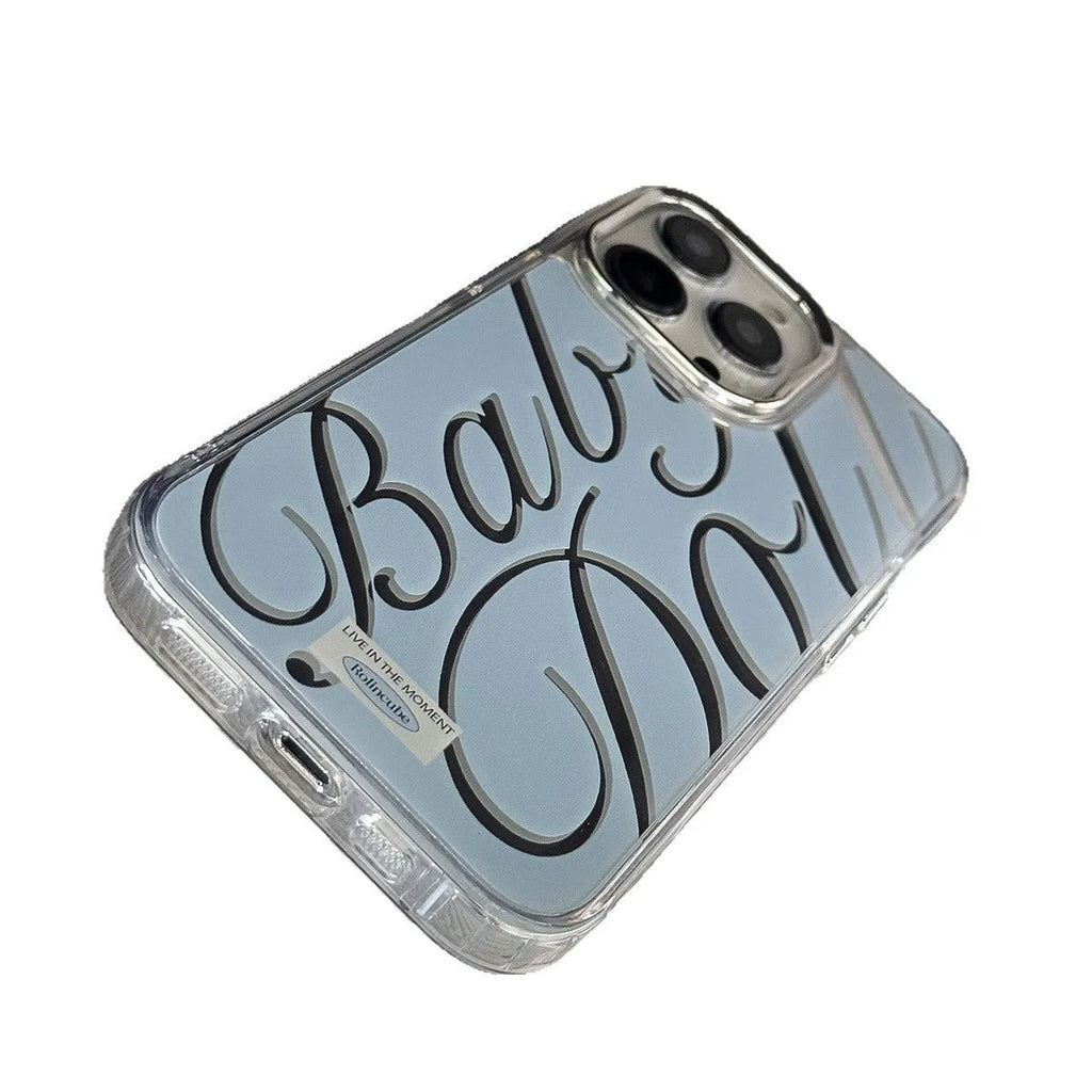 Transparent blue iPhone case with mirror surface and white JMKJ letters showing front and back views