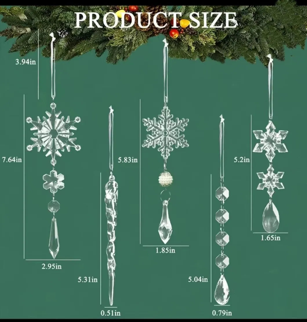 Set of 10 transparent acrylic icicle and snowflake Christmas tree hanging ornaments with ribbons.