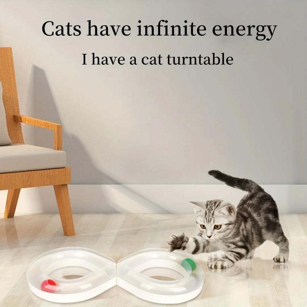 Blue and white cat turntable toy with track ball and teasing stick for indoor feline entertainment