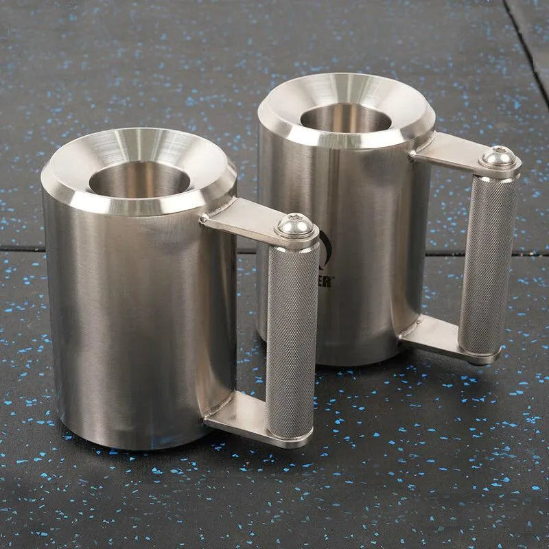 Single 8kg stainless steel dumbbell cup weight plate on a grey background.