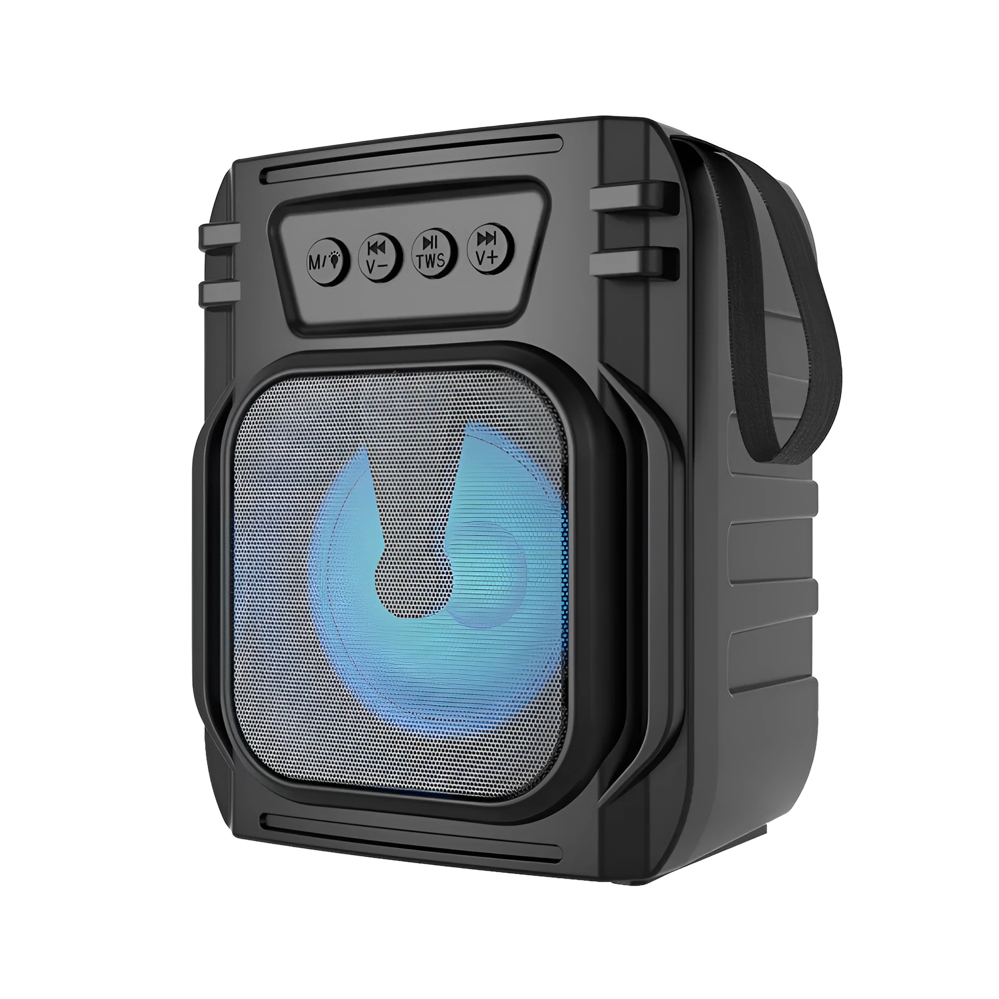 Small portable Bluetooth speaker in colour 3107 with USB charging cable.