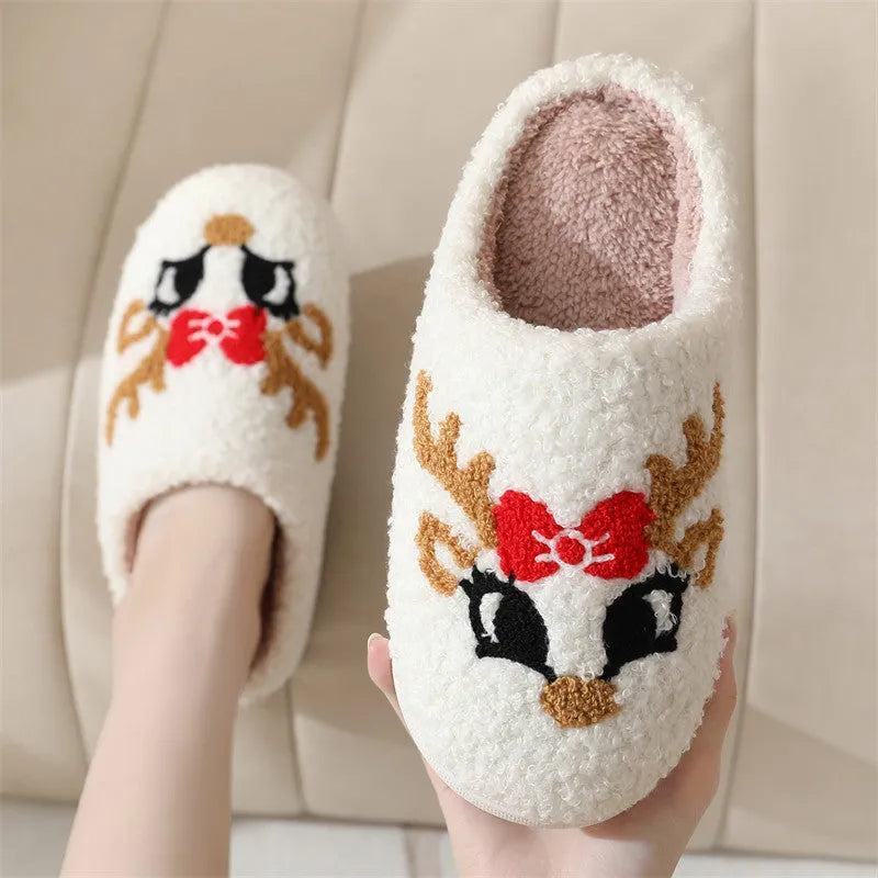 Christmas deer slippers for women, fox pattern, non-slip TPR sole, plush upper, round toe indoor home footwear